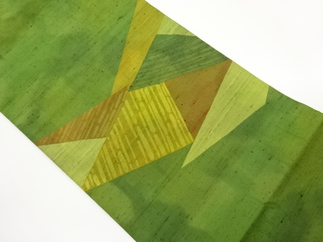 手織り紬切り嵌め風幾何学模様織出し名古屋帯